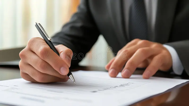 close up view businessman signing contract document man wearing suit tie holding pen to fill out legal form 386966965